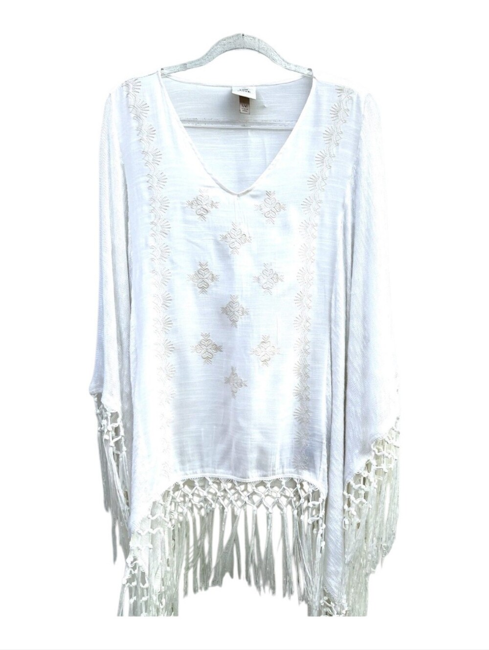 Knox Rose Gypsy Heart Embroidered White Capelet FRINGE Poncho Top One Size